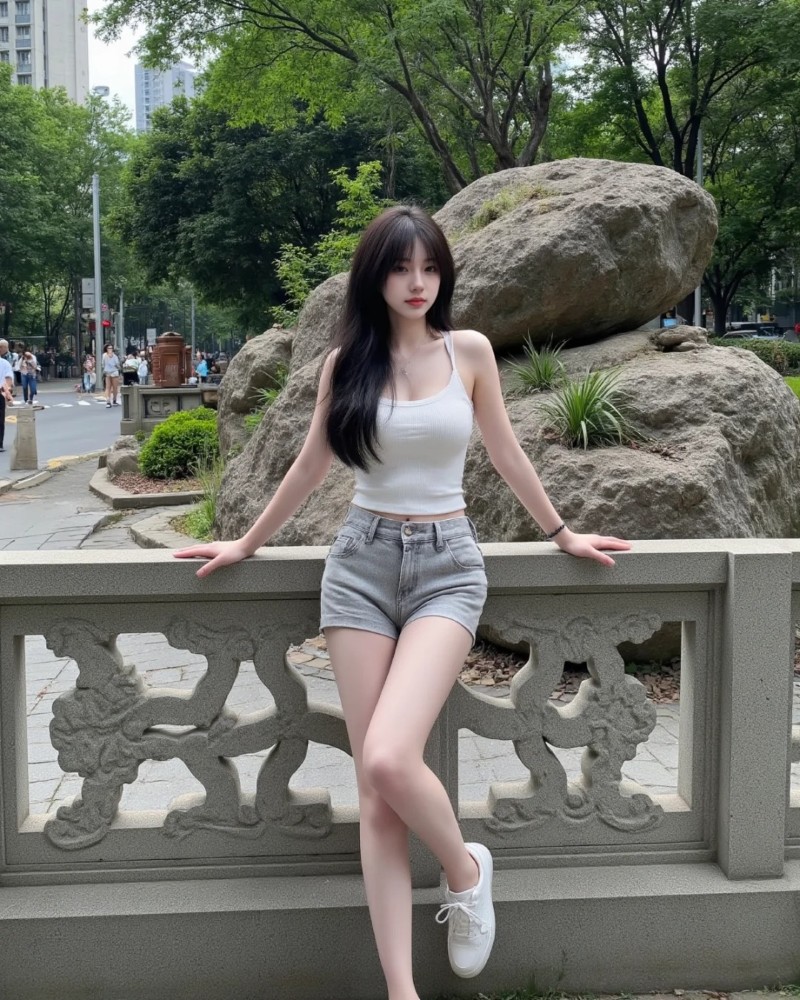 ảnh cô gái mặc váy trắng đứng cạnh lan can ngay công viên