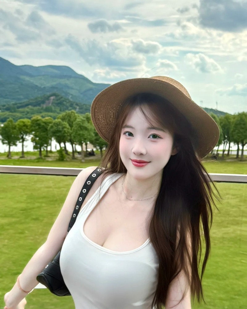 nàng đội nón và mặc váy trắng tạo dáng ngoài trời