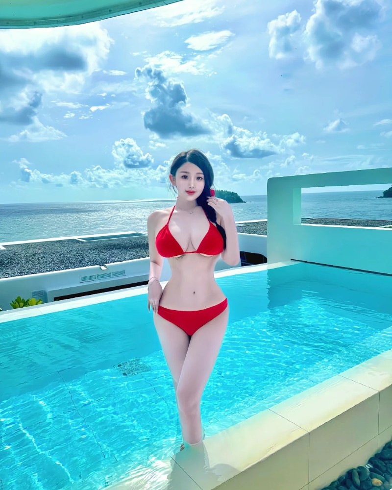 cô gái mặc bikini đỏ đi dọc thành hồ bơi