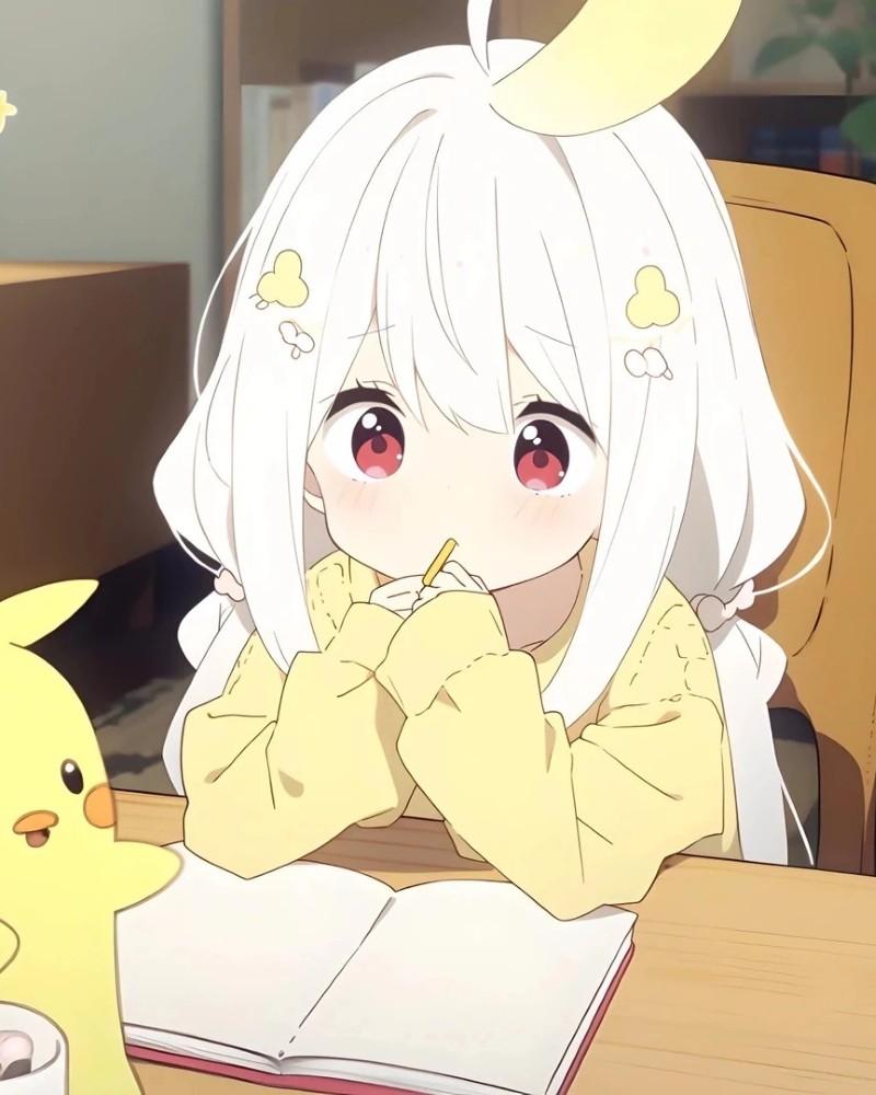 Cô gái anime tóc trắng đội mũ vàng dễ thương