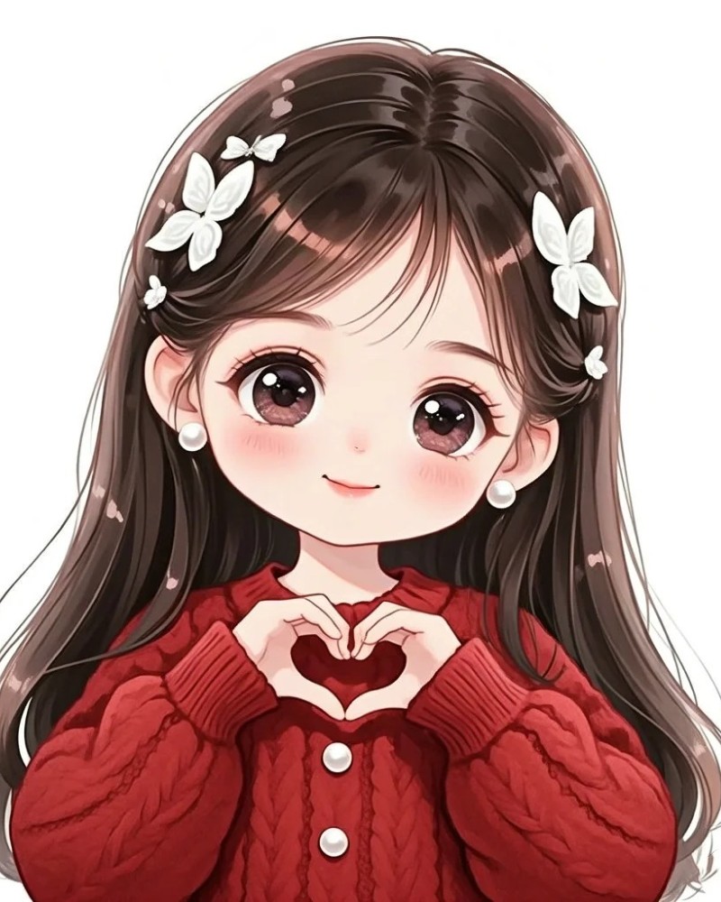 Bé gái anime tóc nâu mặc váy đỏ tạo dáng dễ thương