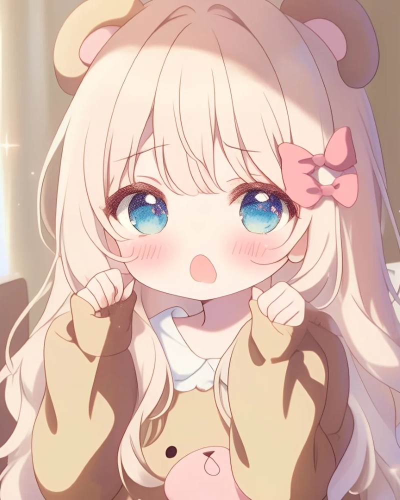 Cô gái anime tóc vàng buộc nơ tạo dáng đáng yêu