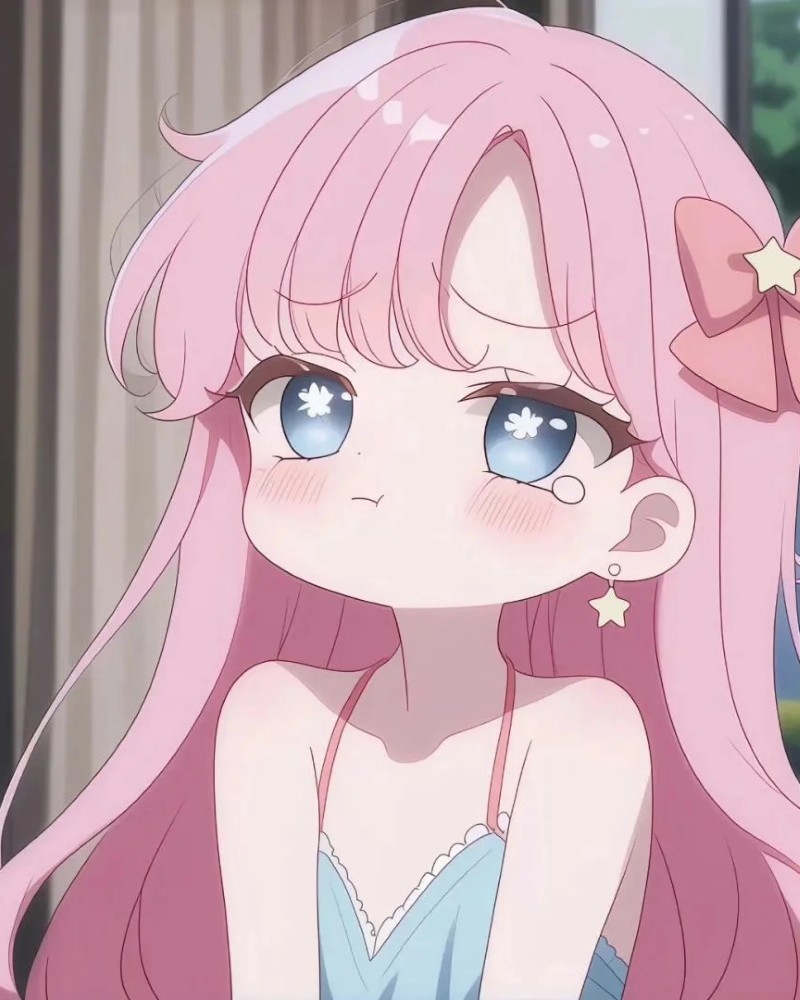 Cô bé anime tóc hồng nhìn nghiêng trong nền pastel