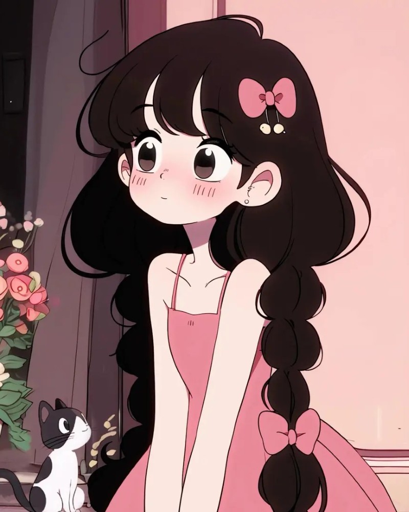 Nhân vật anime tóc đen trong chiếc váy hồng dễ thương