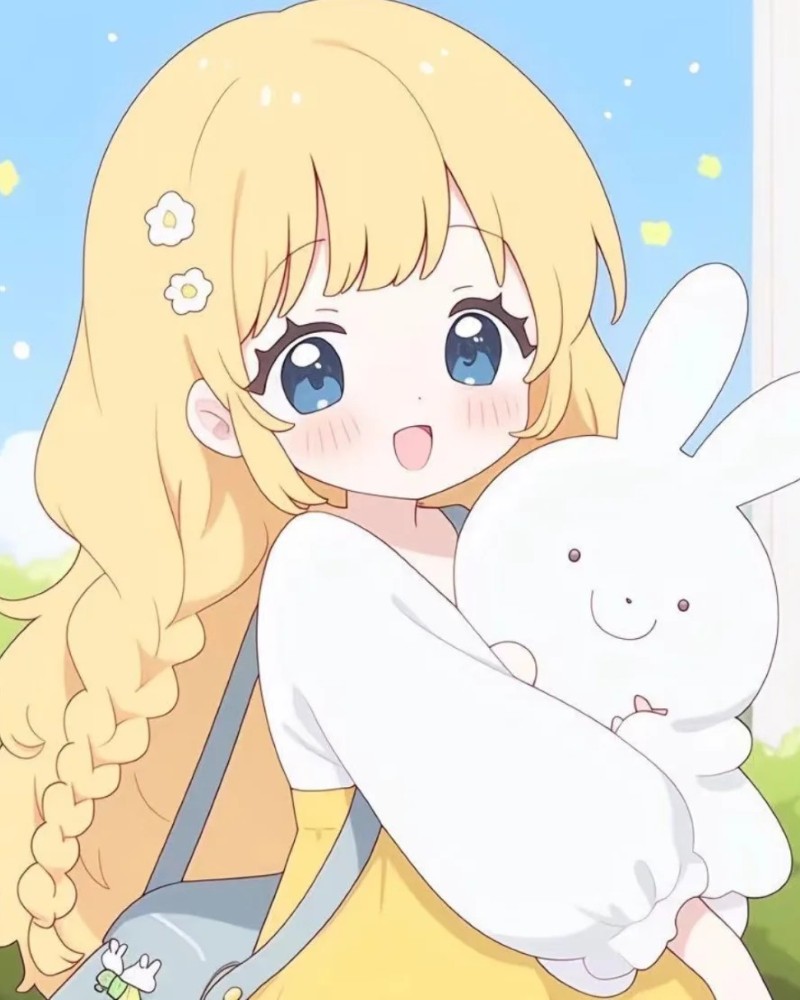 Cô gái anime tóc vàng ôm gối với nụ cười nhẹ