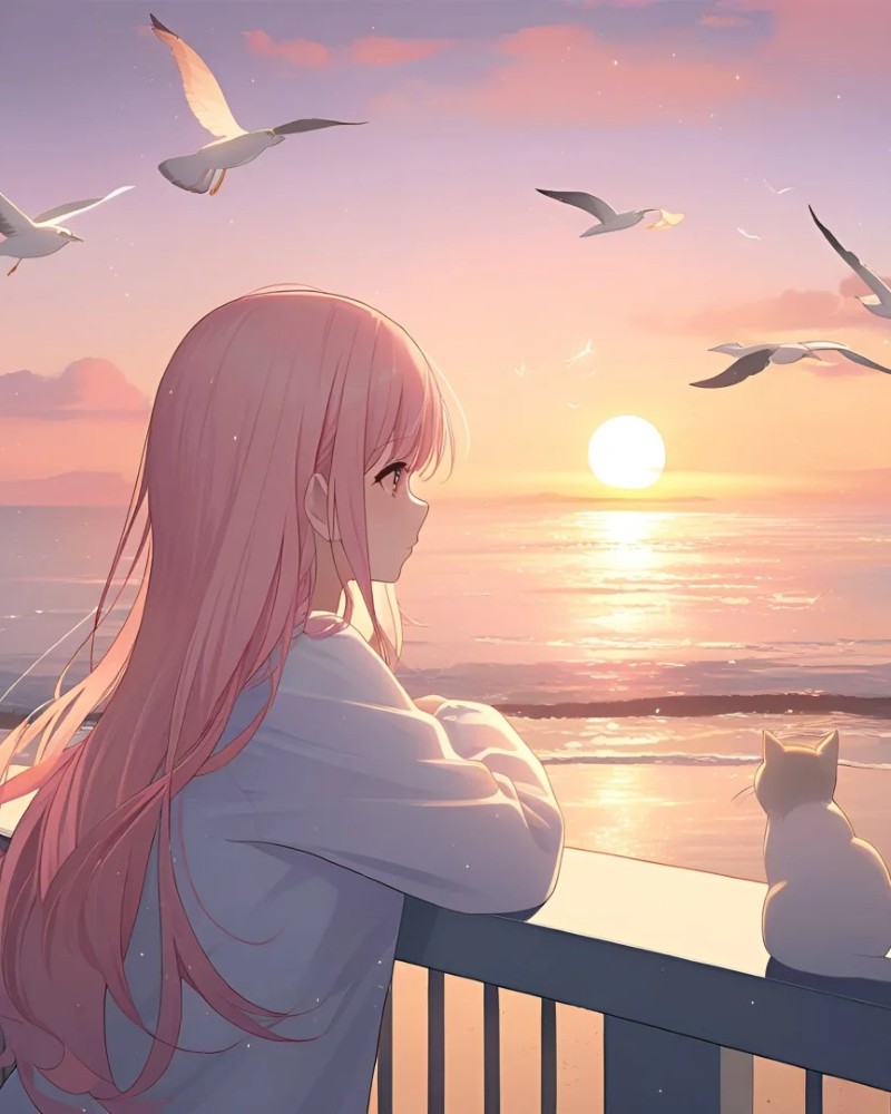 Cô gái anime tóc hồng ngắm hoàng hôn ngoài ban công