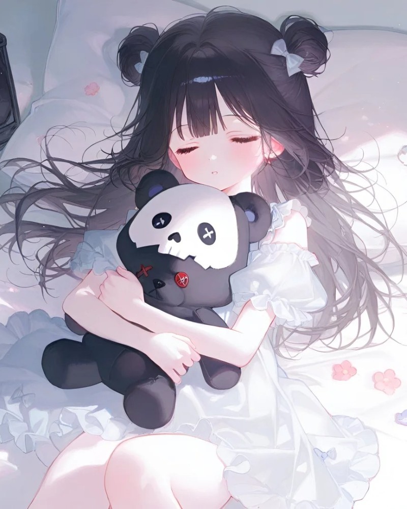 Cô gái anime tóc đen ôm gấu panda dưới ánh sáng mờ