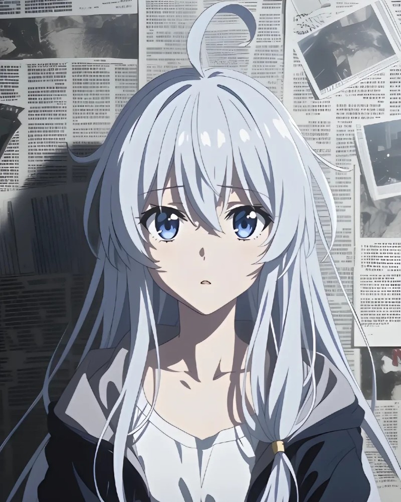 Cô gái anime tóc bạc tạo dáng lạnh lùng