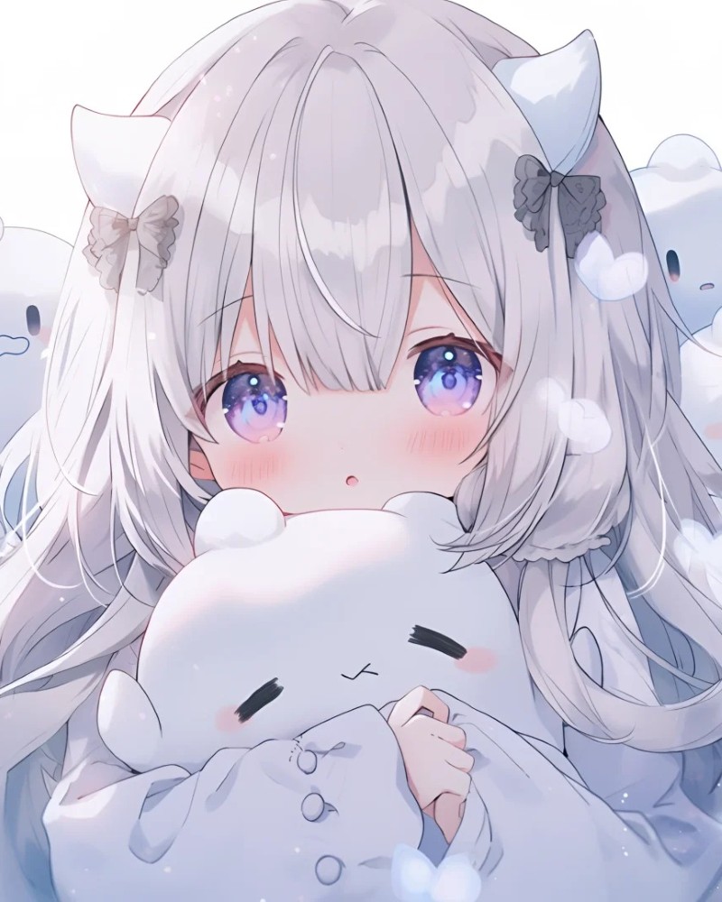Nhân vật anime ôm gấu bông màu trắng dễ thương