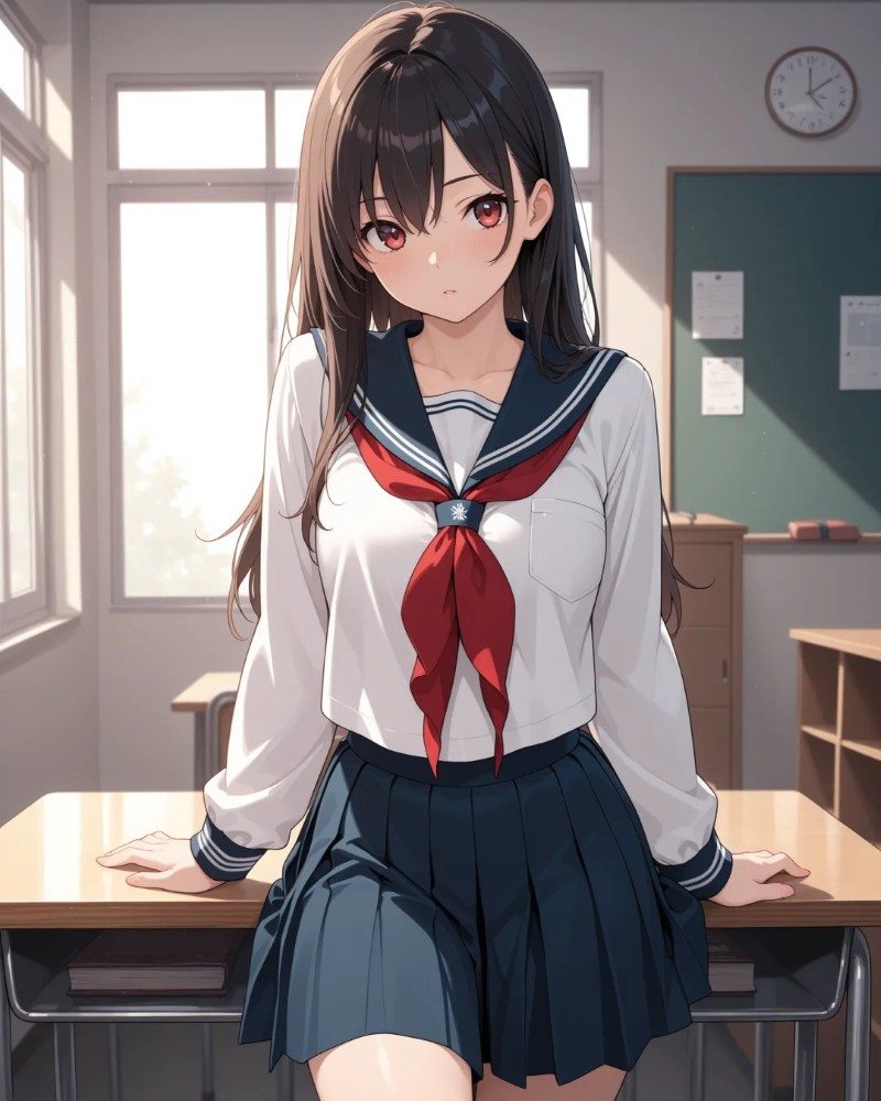 Cô gái anime mặc đồng phục học sinh tạo dáng nhẹ nhàng