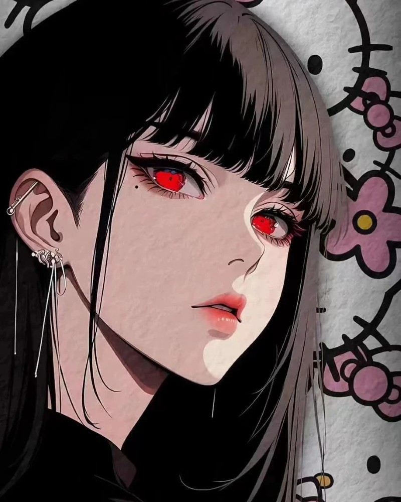 ảnh gái xinh anime tóc đen mắt đỏ phong cách bí ẩn