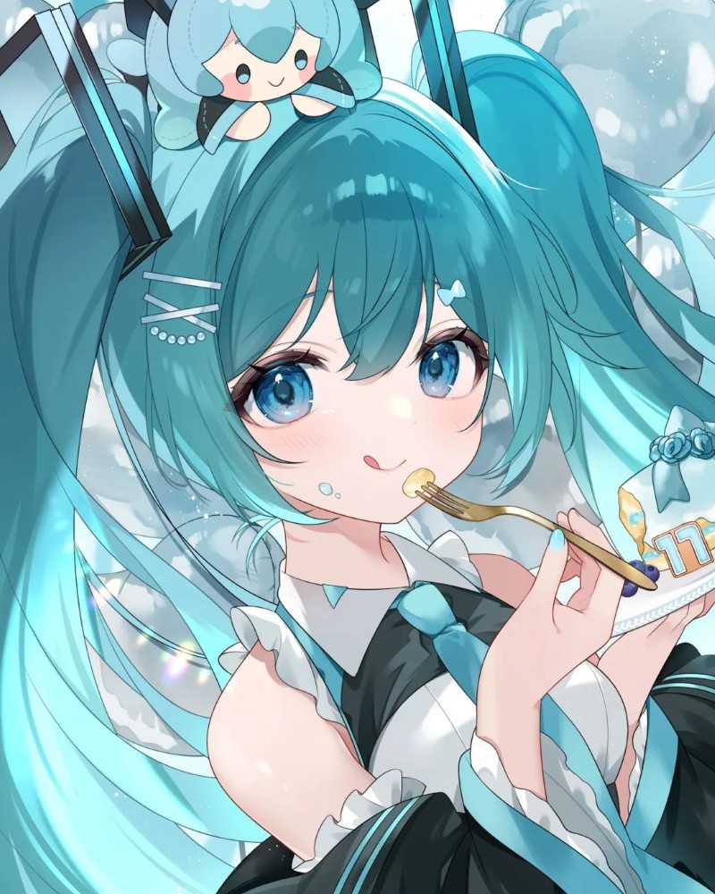 ảnh gái xinh anime tóc xanh biển trong trang phục dễ thương