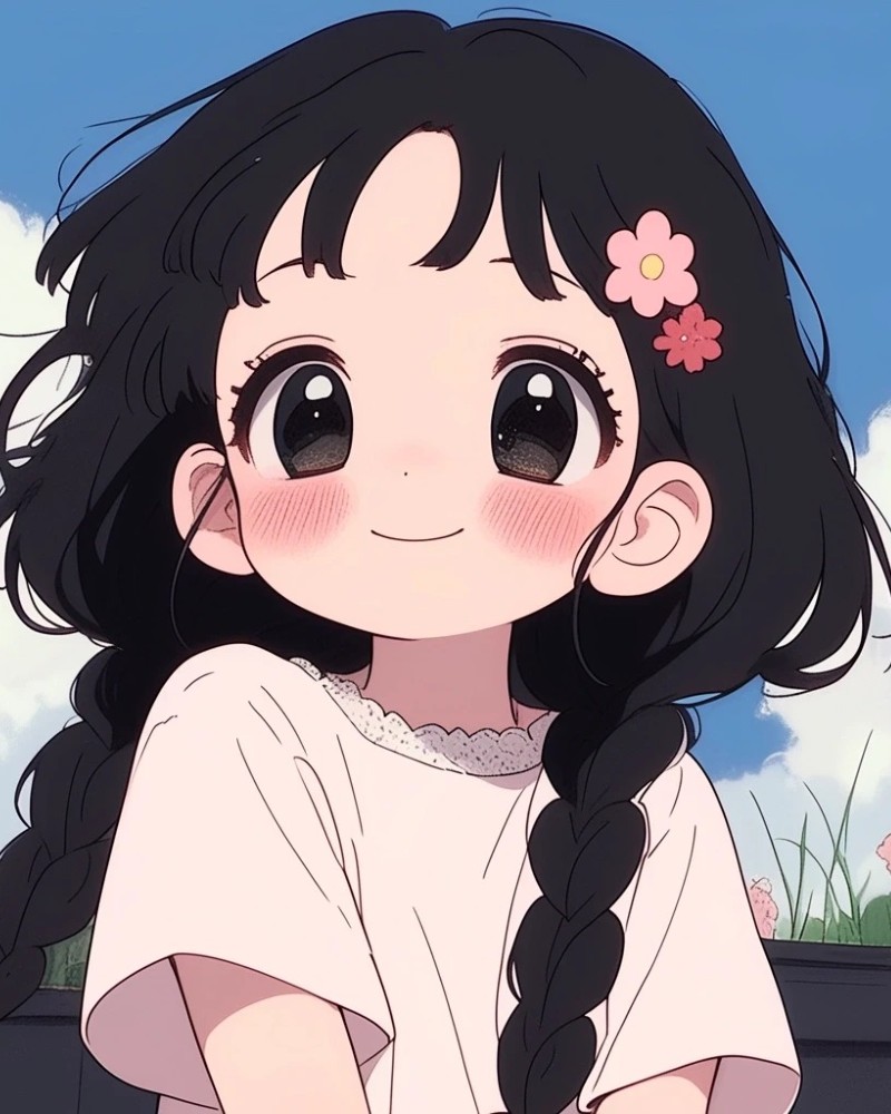 ảnh gái xinh anime ngồi khoanh chân với gương mặt vui tươi