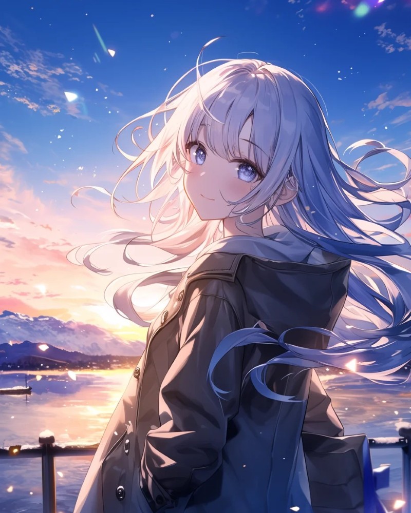 Cô gái anime tóc bạch kim đứng trước bầu trời hoàng hôn