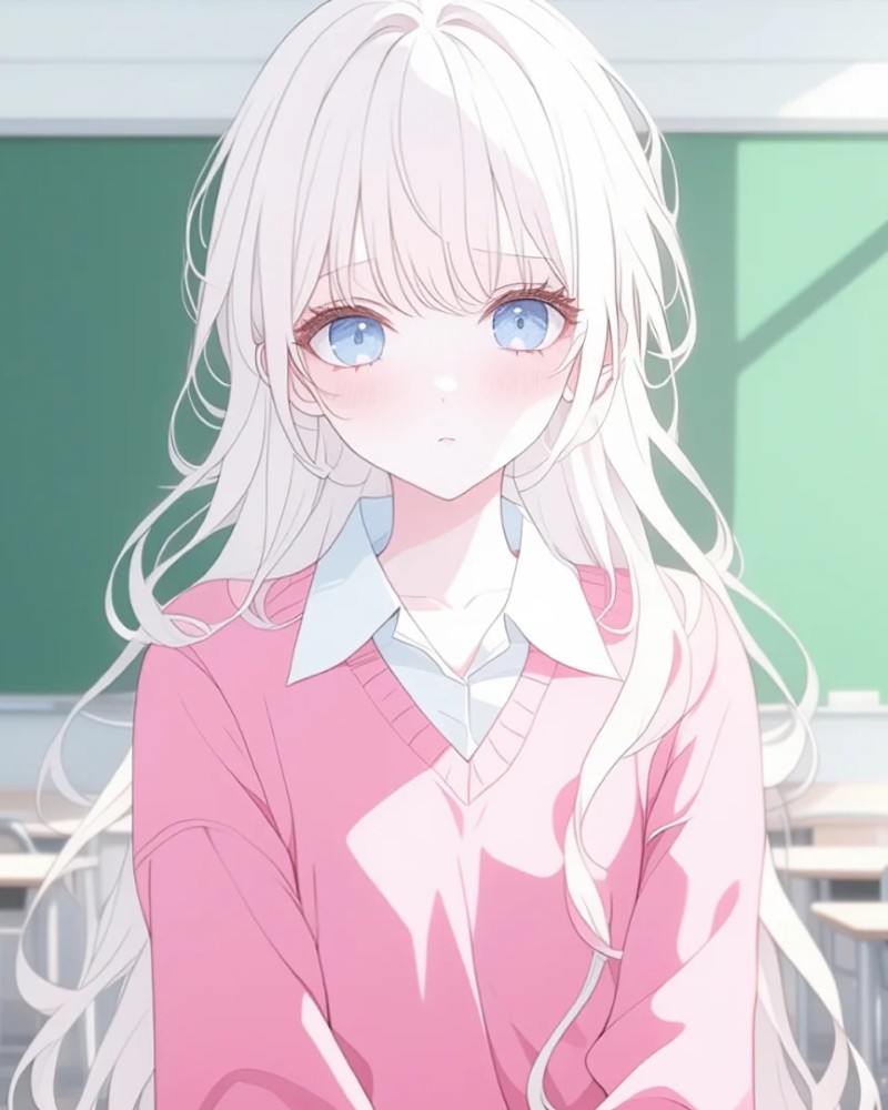 Cô gái anime tóc trắng đeo kính và mặc áo hồng