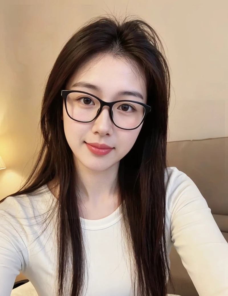 Cô gái đeo kính trong không gian quán cà phê