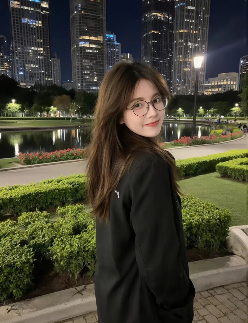 Cô gái diện váy đen và kính tròn khi chụp ban đêm