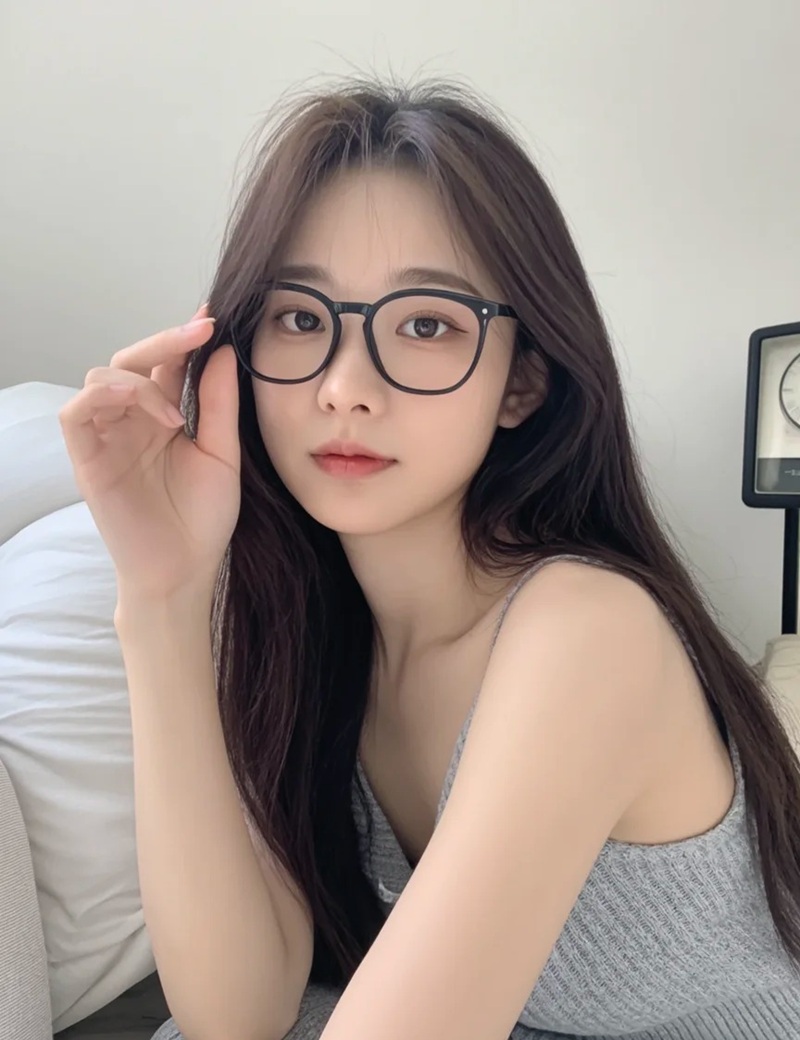 Cô gái ngồi trên ghế và nhìn thẳng vào máy ảnh