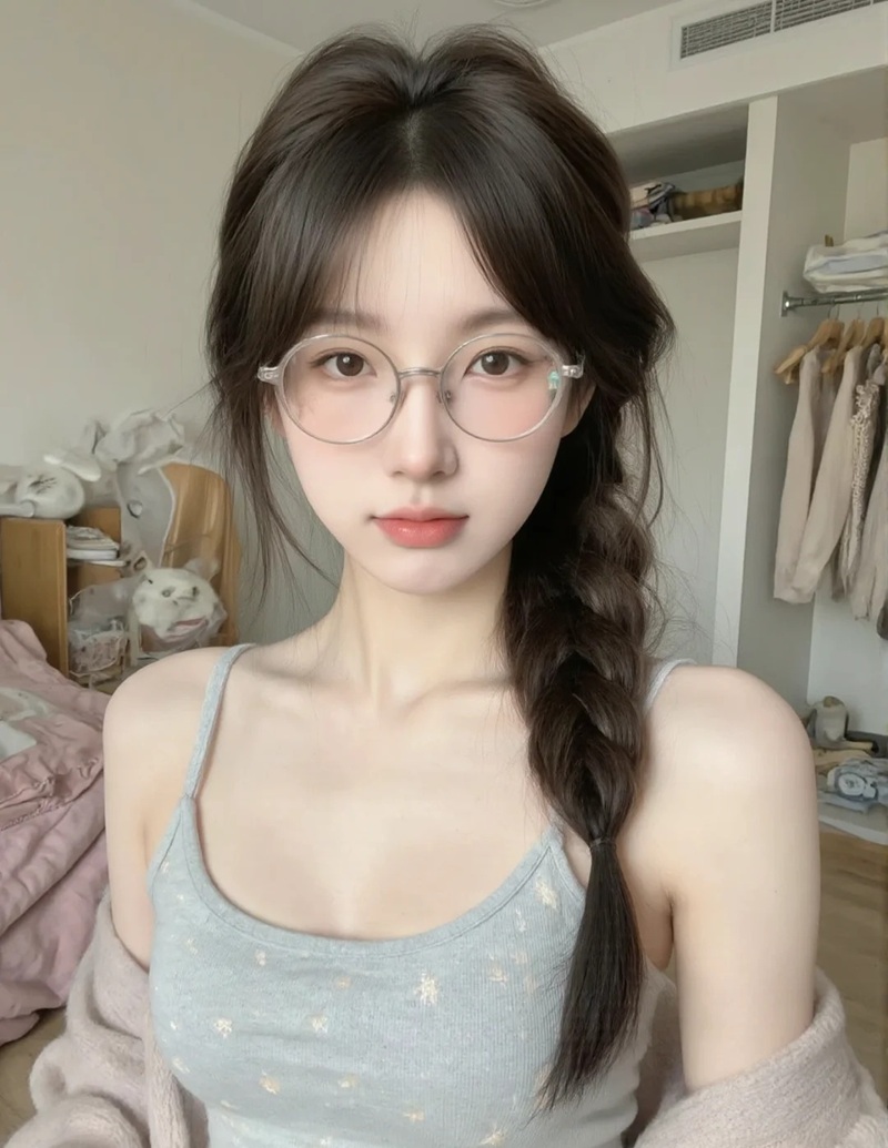 Cô gái mặc áo xám và đeo kính trong phòng sáng