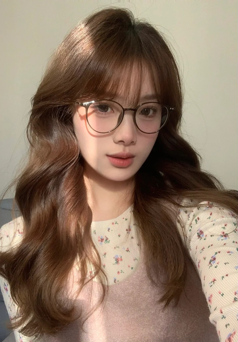 Cô gái tóc xoăn nhẹ và kính đen dễ thương