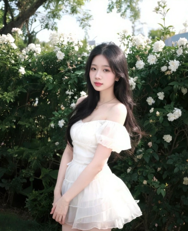 thiếu nữ mặc váy trắng đứng giữa vườn hoa