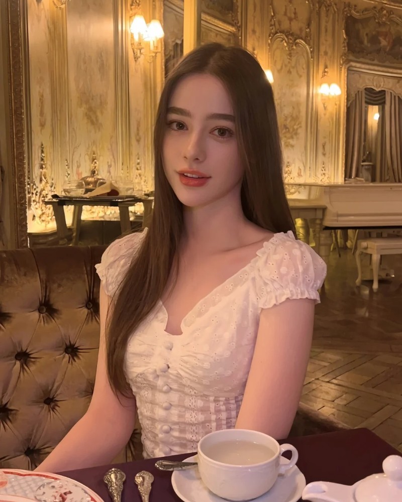 cô gái mặc váy hồng ngồi cạnh bàn decor đẹp