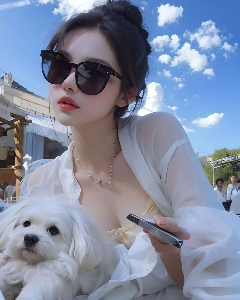 nàng đeo kính râm ôm chú chó trắng đáng yêu