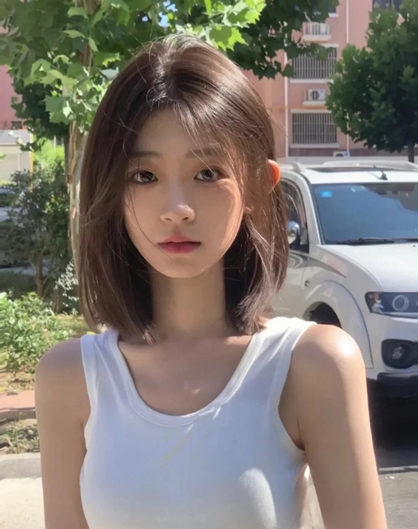 Cô gái tóc ngang vai trẻ trung trong ánh nắng ngoài trời