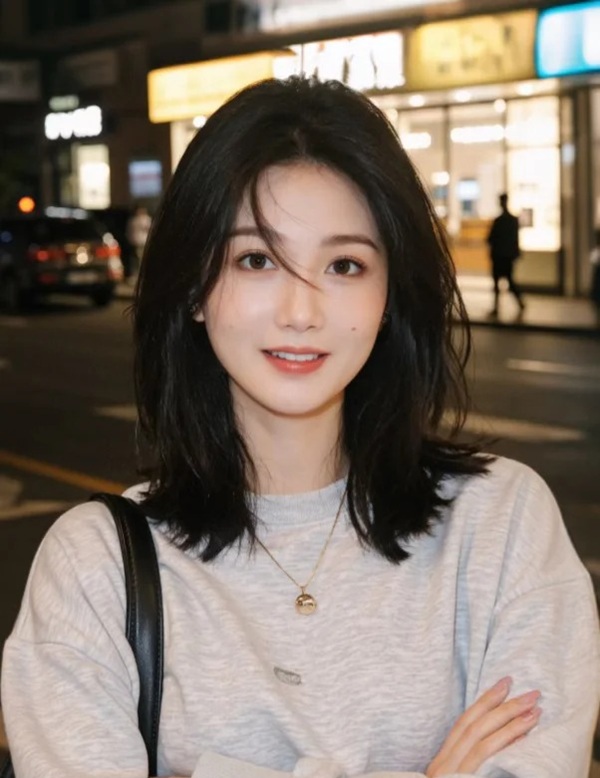 Cô gái tóc ngang vai cười tươi dưới ánh đèn đường