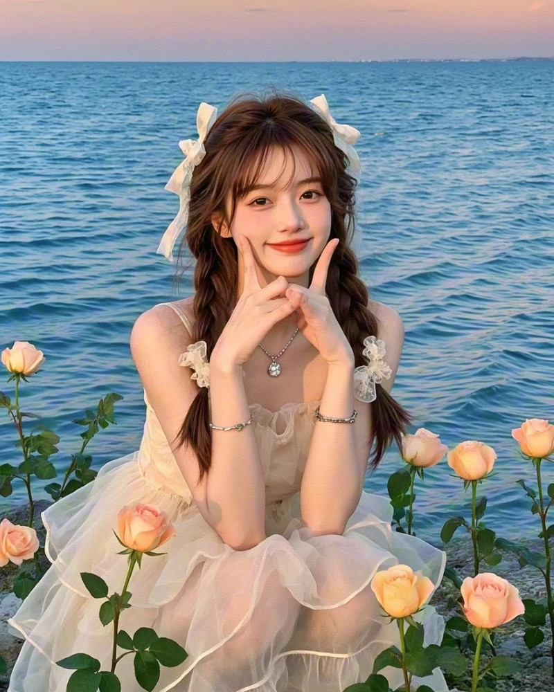 Cô gái ngồi cạnh hồ nước tạo dáng nhẹ nhàng