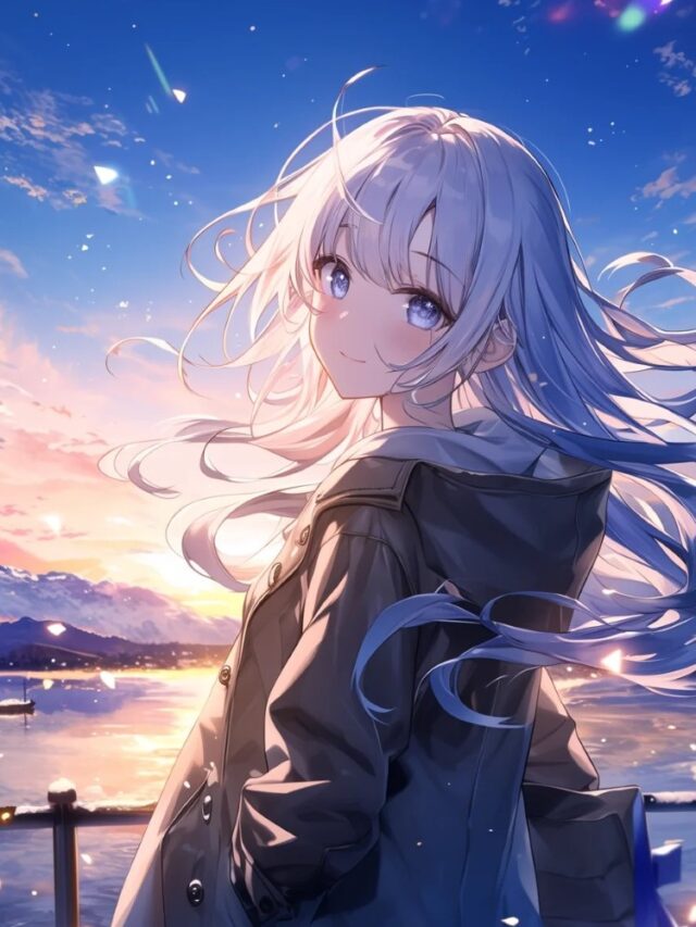 Cô gái anime tóc bạch kim đứng trước bầu trời hoàng hôn