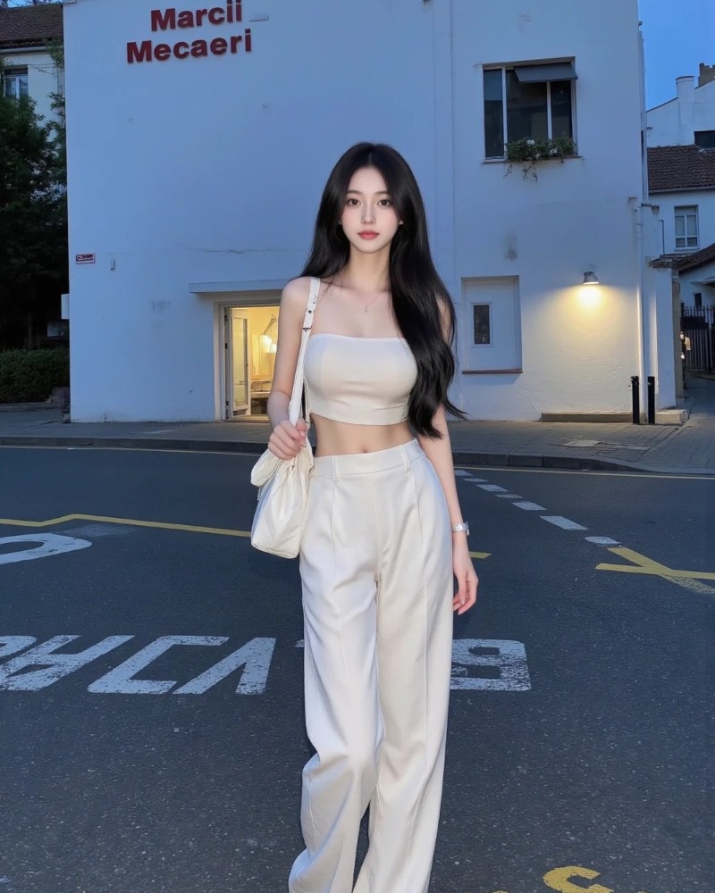 cô gái mặc đầm trắng chụp ở bãi đỗ xe