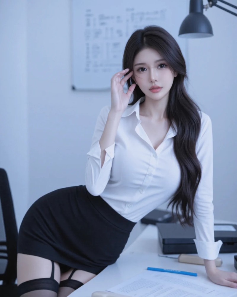 Cô gái mặc áo sơ mi trắng ngồi làm việc