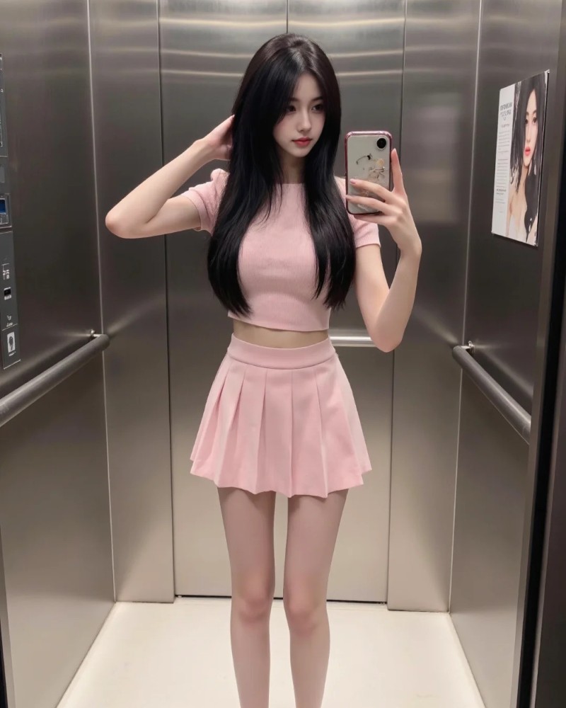 gái xinh mặc váy hồng tiểu thư đứng trong thang máy