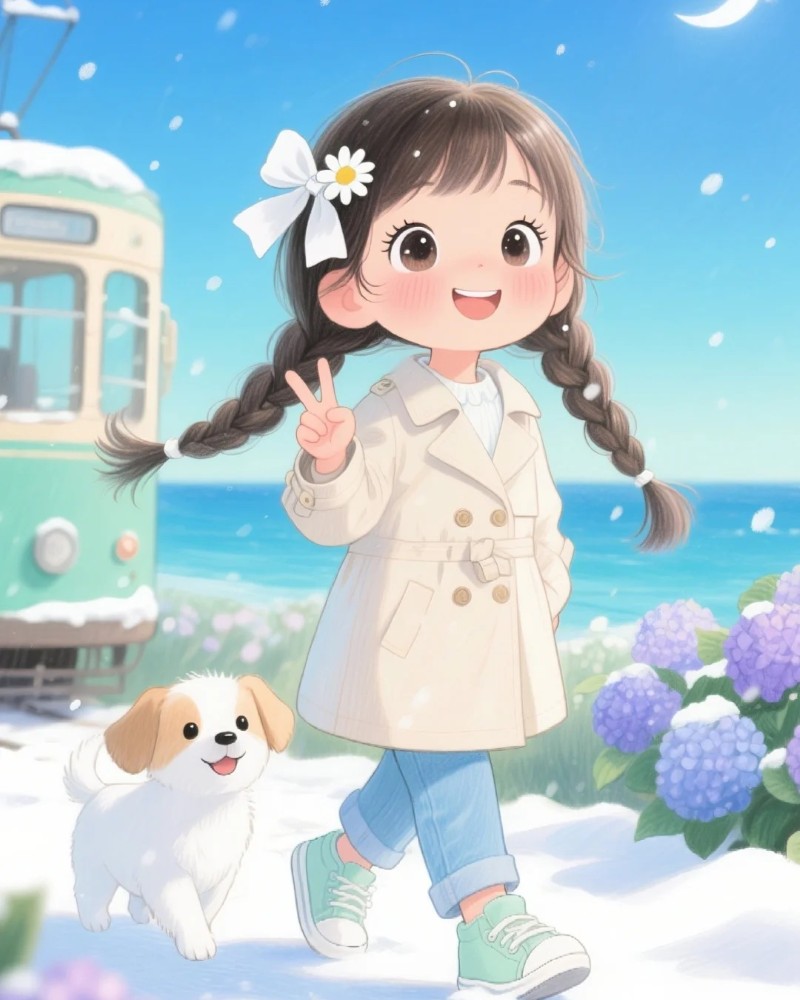 Bé gái anime tóc nâu tạo dáng đáng yêu trên nền xanh