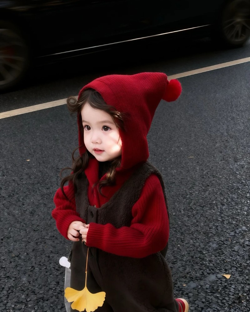 bé gái mặc áo đỏ tạo dáng trên đường